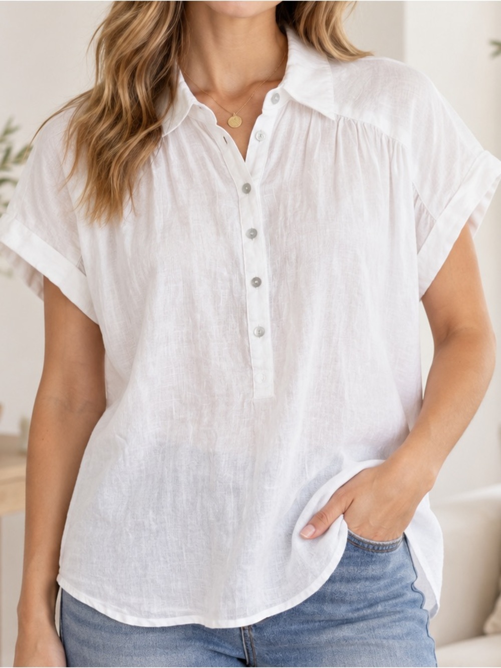 Tahari White 100% Linen Blouse Size L Relaxed Button Front Top NWT